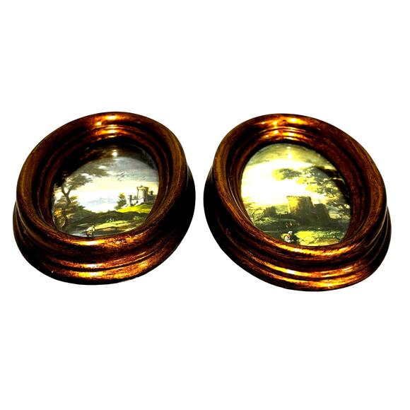 Miniature Italian Florentine style gold framed art prints TWO small oval hangers - Picture 3 of 8